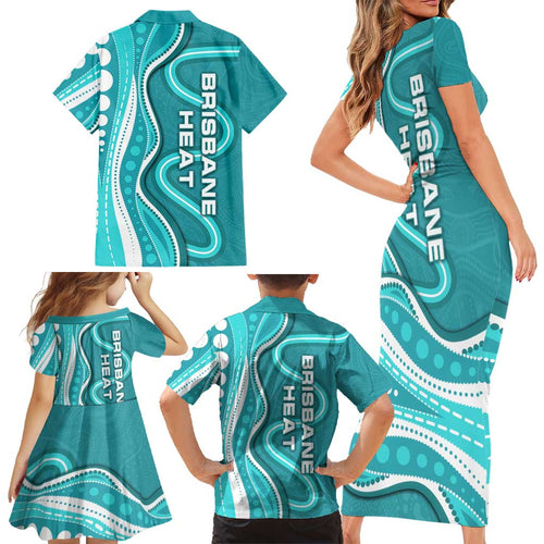 Brisbane Heat Family Matching Short Sleeve Bodycon Dress and Hawaiian Shirt Aboriginal Dot Art Cyan White - Tribal Wave Pattern