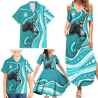 Brisbane Heat Family Matching Summer Maxi Dress and Hawaiian Shirt Aboriginal Dot Art Cyan White - Tribal Wave Pattern