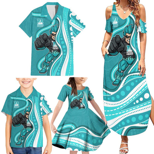 Brisbane Heat Family Matching Summer Maxi Dress and Hawaiian Shirt Aboriginal Dot Art Cyan White - Tribal Wave Pattern