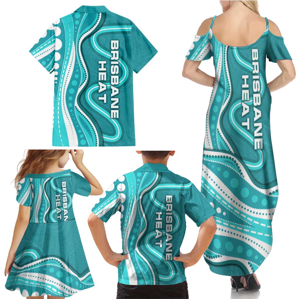 Brisbane Heat Family Matching Summer Maxi Dress and Hawaiian Shirt Aboriginal Dot Art Cyan White - Tribal Wave Pattern
