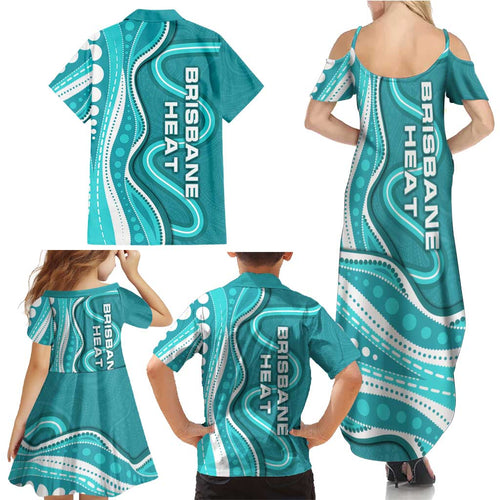 Brisbane Heat Family Matching Summer Maxi Dress and Hawaiian Shirt Aboriginal Dot Art Cyan White - Tribal Wave Pattern