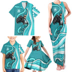 Brisbane Heat Family Matching Tank Maxi Dress and Hawaiian Shirt Aboriginal Dot Art Cyan White - Tribal Wave Pattern