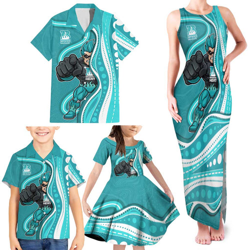 Brisbane Heat Family Matching Tank Maxi Dress and Hawaiian Shirt Aboriginal Dot Art Cyan White - Tribal Wave Pattern