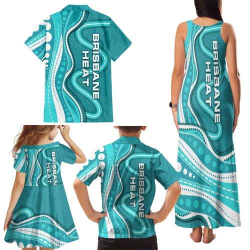 Brisbane Heat Family Matching Tank Maxi Dress and Hawaiian Shirt Aboriginal Dot Art Cyan White - Tribal Wave Pattern