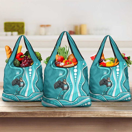 Brisbane Heat Grocery Bag Aboriginal Dot Art Cyan White - Tribal Wave Pattern
