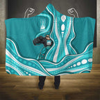 Brisbane Heat Hooded Blanket Aboriginal Dot Art Cyan White - Tribal Wave Pattern