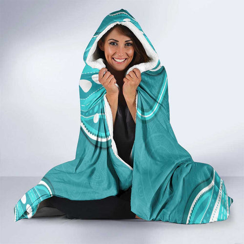 Brisbane Heat Hooded Blanket Aboriginal Dot Art Cyan White - Tribal Wave Pattern