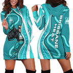 Brisbane Heat Hoodie Dress Aboriginal Dot Art Cyan White - Tribal Wave Pattern