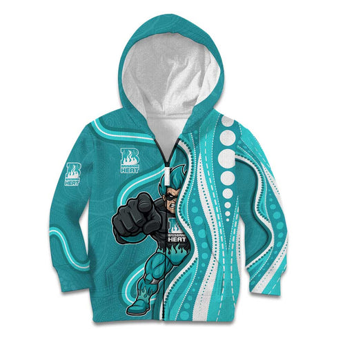 Brisbane Heat Kid Hoodie Aboriginal Dot Art Cyan White - Tribal Wave Pattern