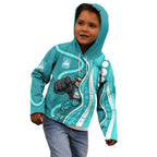 Brisbane Heat Kid Hoodie Aboriginal Dot Art Cyan White - Tribal Wave Pattern