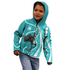 Brisbane Heat Kid Hoodie Aboriginal Dot Art Cyan White - Tribal Wave Pattern