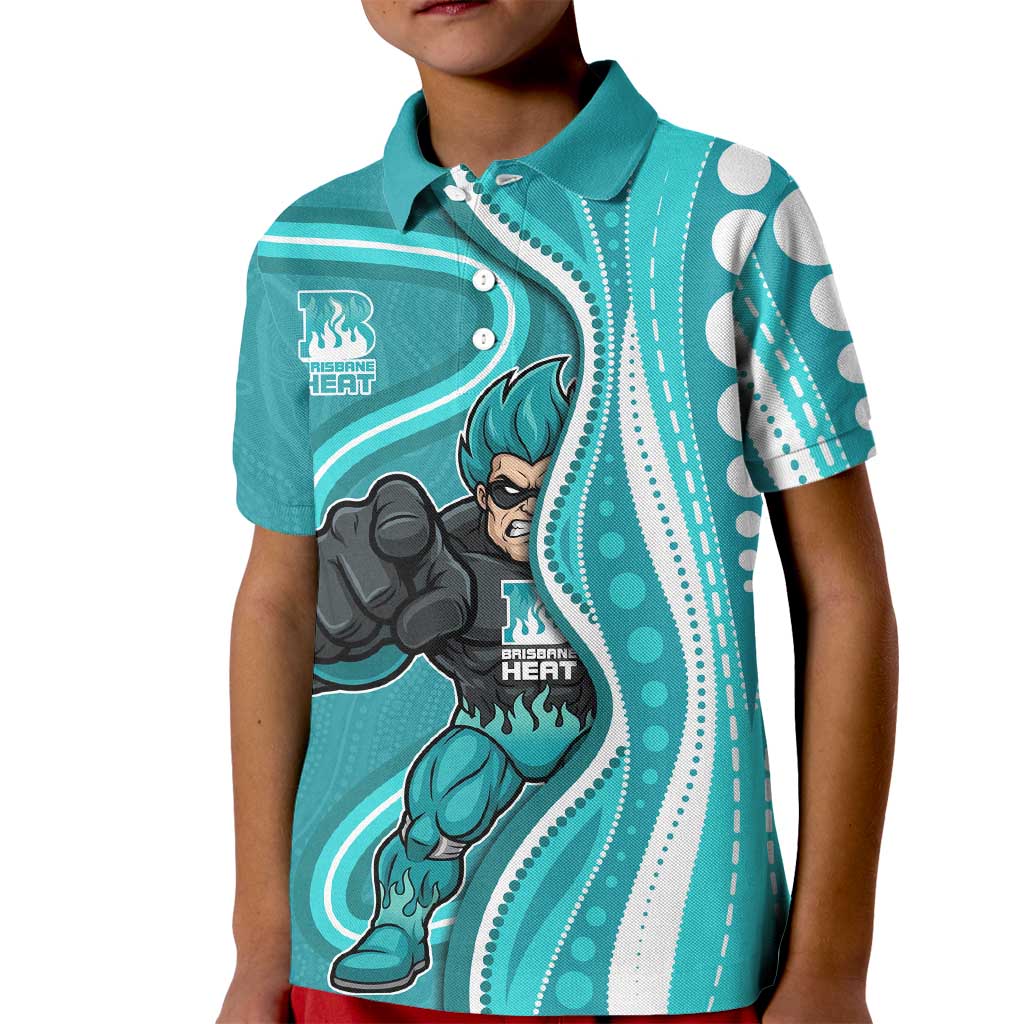 Brisbane Heat Kid Polo Shirt Aboriginal Dot Art Cyan White - Tribal Wave Pattern