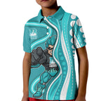 Brisbane Heat Kid Polo Shirt Aboriginal Dot Art Cyan White - Tribal Wave Pattern