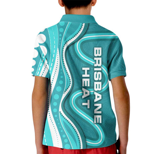 Brisbane Heat Kid Polo Shirt Aboriginal Dot Art Cyan White - Tribal Wave Pattern