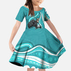Brisbane Heat Kid Short Sleeve Dress Aboriginal Dot Art Cyan White - Tribal Wave Pattern