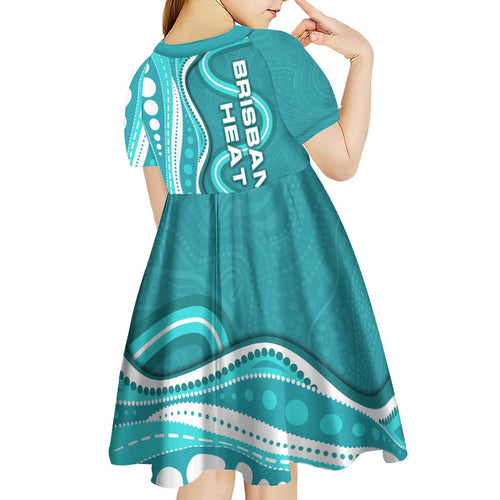 Brisbane Heat Kid Short Sleeve Dress Aboriginal Dot Art Cyan White - Tribal Wave Pattern