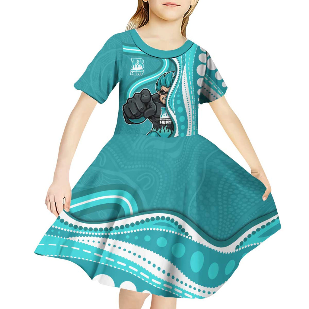 Brisbane Heat Kid Short Sleeve Dress Aboriginal Dot Art Cyan White - Tribal Wave Pattern
