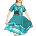 Brisbane Heat Kid Short Sleeve Dress Aboriginal Dot Art Cyan White - Tribal Wave Pattern
