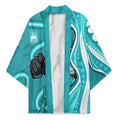 Brisbane Heat Kimono Aboriginal Dot Art Cyan White - Tribal Wave Pattern
