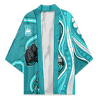 Brisbane Heat Kimono Aboriginal Dot Art Cyan White - Tribal Wave Pattern
