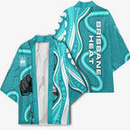 Brisbane Heat Kimono Aboriginal Dot Art Cyan White - Tribal Wave Pattern