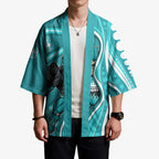 Brisbane Heat Kimono Aboriginal Dot Art Cyan White - Tribal Wave Pattern