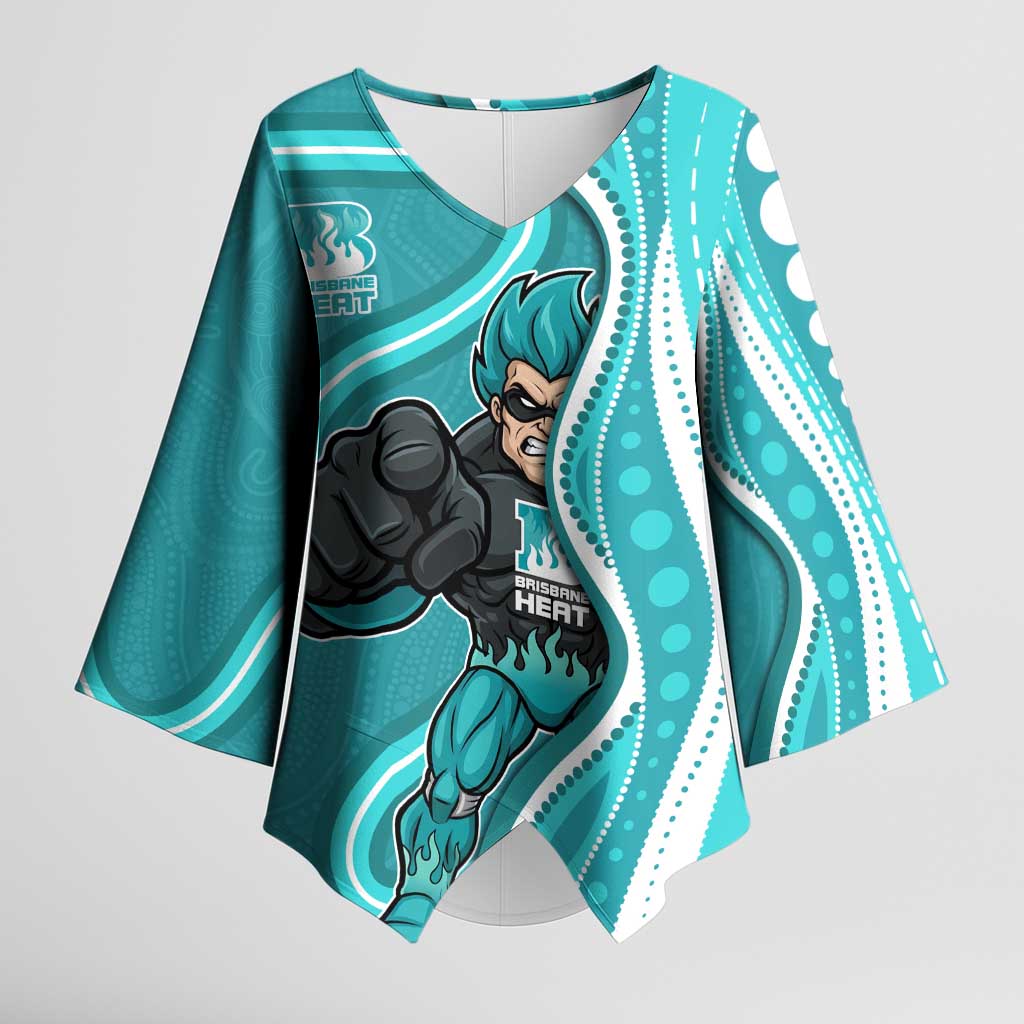Brisbane Heat Kimono Sleeve Blouse Aboriginal Dot Art Cyan White - Tribal Wave Pattern