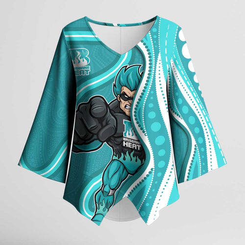 Brisbane Heat Kimono Sleeve Blouse Aboriginal Dot Art Cyan White - Tribal Wave Pattern
