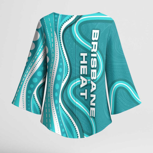 Brisbane Heat Kimono Sleeve Blouse Aboriginal Dot Art Cyan White - Tribal Wave Pattern