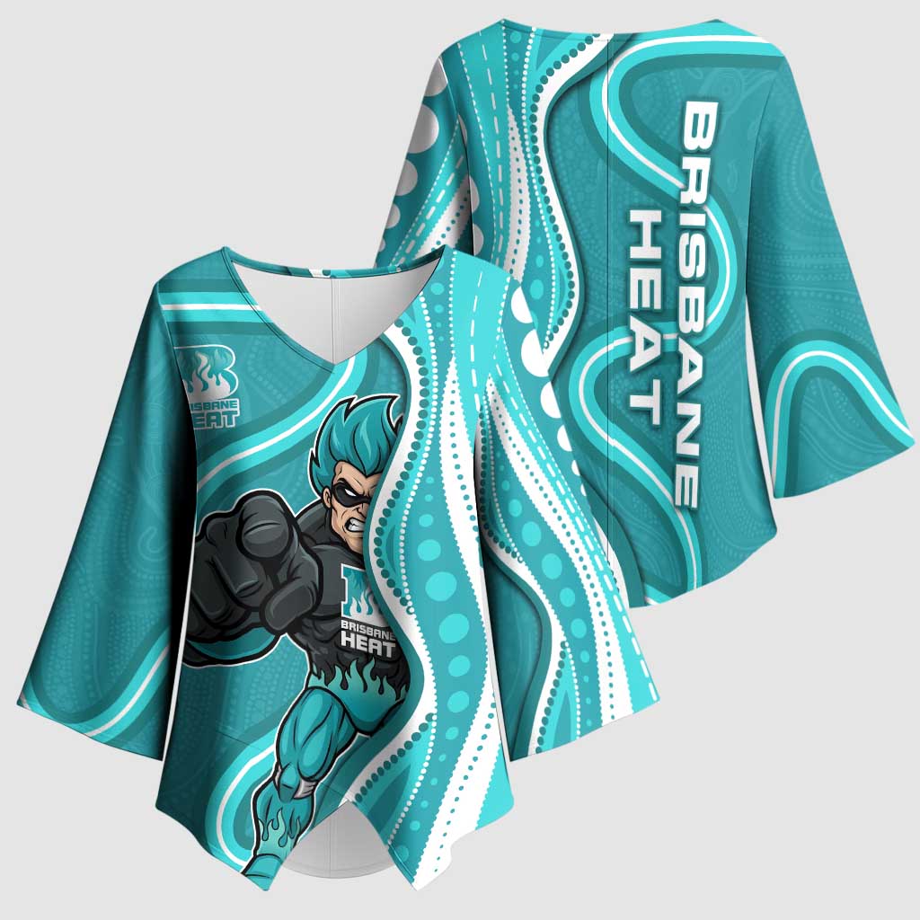 Brisbane Heat Kimono Sleeve Blouse Aboriginal Dot Art Cyan White - Tribal Wave Pattern