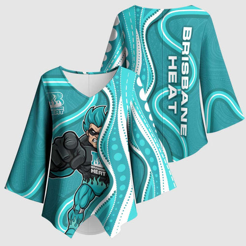 Brisbane Heat Kimono Sleeve Blouse Aboriginal Dot Art Cyan White - Tribal Wave Pattern