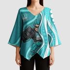 Brisbane Heat Kimono Sleeve Blouse Aboriginal Dot Art Cyan White - Tribal Wave Pattern
