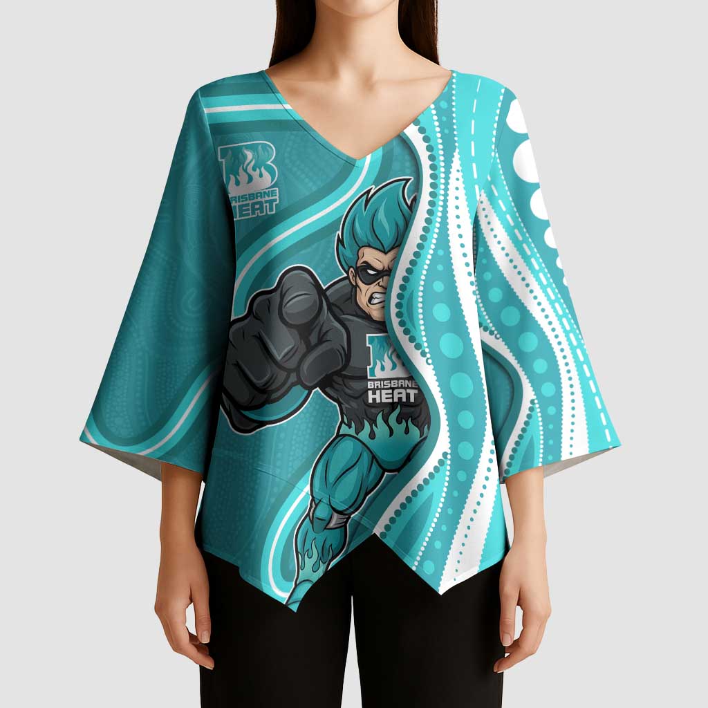 Brisbane Heat Kimono Sleeve Blouse Aboriginal Dot Art Cyan White - Tribal Wave Pattern