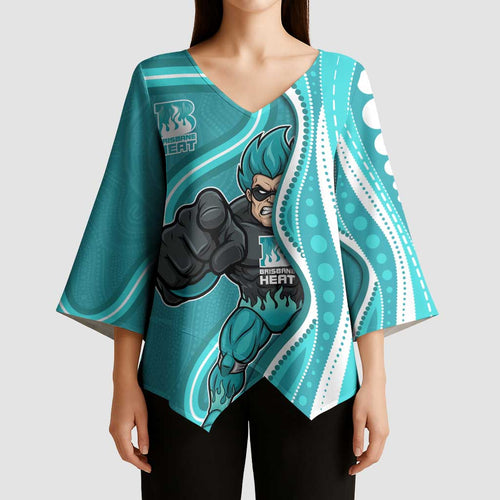 Brisbane Heat Kimono Sleeve Blouse Aboriginal Dot Art Cyan White - Tribal Wave Pattern