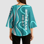 Brisbane Heat Kimono Sleeve Blouse Aboriginal Dot Art Cyan White - Tribal Wave Pattern
