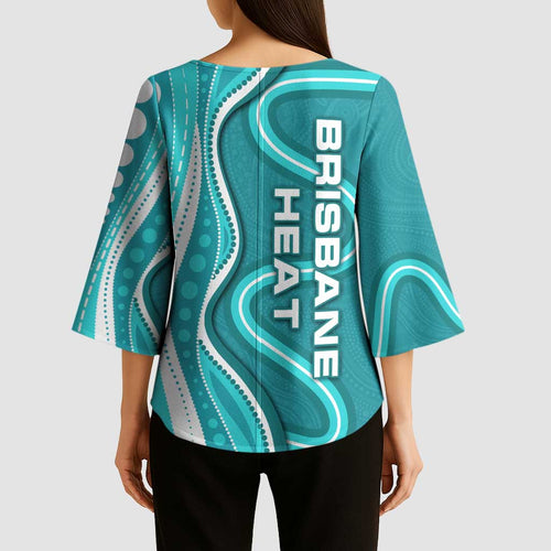 Brisbane Heat Kimono Sleeve Blouse Aboriginal Dot Art Cyan White - Tribal Wave Pattern