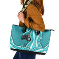 Brisbane Heat Leather Tote Bag Aboriginal Dot Art Cyan White - Tribal Wave Pattern