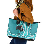 Brisbane Heat Leather Tote Bag Aboriginal Dot Art Cyan White - Tribal Wave Pattern