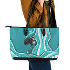 Brisbane Heat Leather Tote Bag Aboriginal Dot Art Cyan White - Tribal Wave Pattern