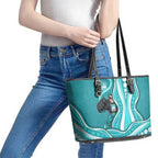 Brisbane Heat Leather Tote Bag Aboriginal Dot Art Cyan White - Tribal Wave Pattern