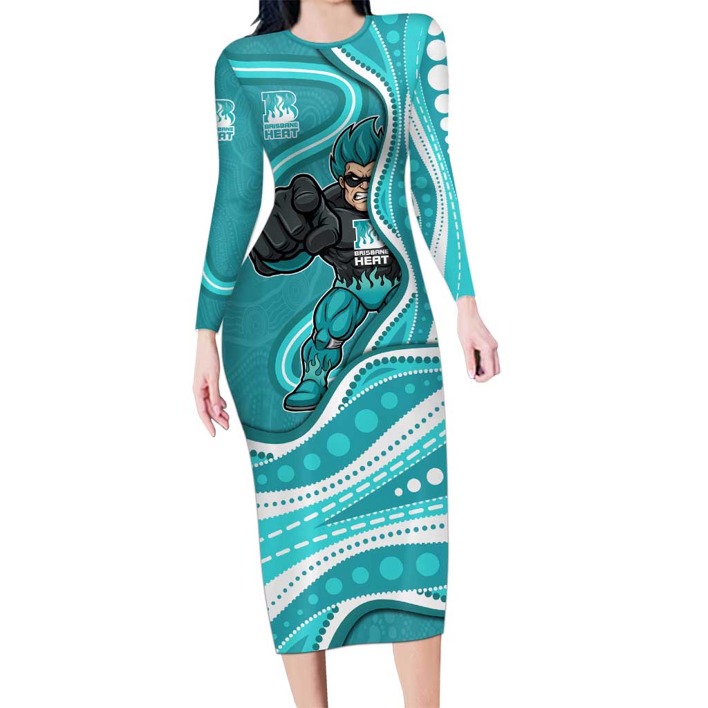 Brisbane Heat Long Sleeve Bodycon Dress Aboriginal Dot Art Cyan White - Tribal Wave Pattern