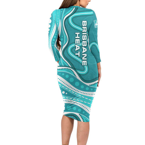 Brisbane Heat Long Sleeve Bodycon Dress Aboriginal Dot Art Cyan White - Tribal Wave Pattern