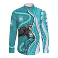 Brisbane Heat Long Sleeve Button Shirt Aboriginal Dot Art Cyan White - Tribal Wave Pattern