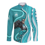 Brisbane Heat Long Sleeve Button Shirt Aboriginal Dot Art Cyan White - Tribal Wave Pattern