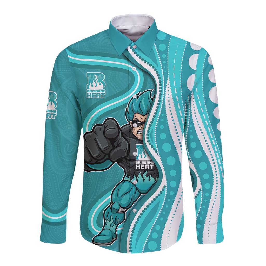 Brisbane Heat Long Sleeve Button Shirt Aboriginal Dot Art Cyan White - Tribal Wave Pattern