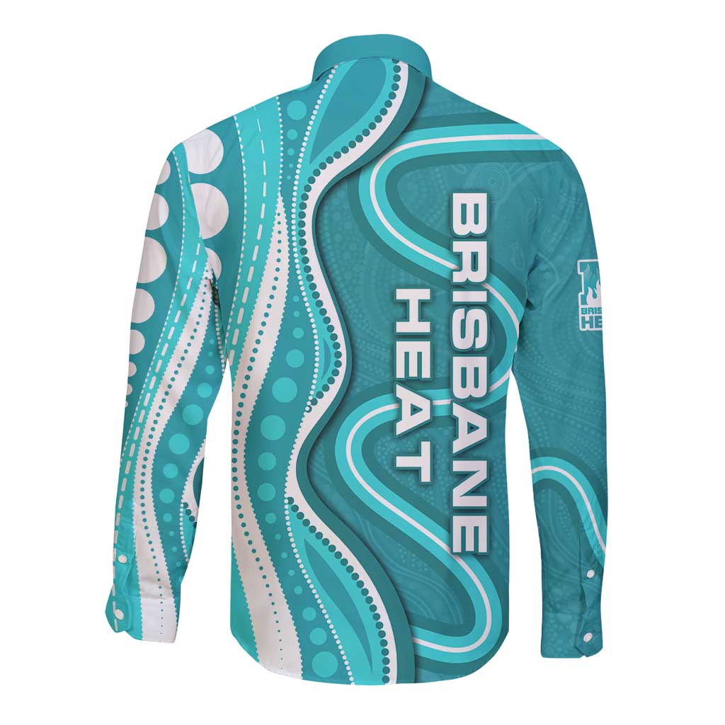 Brisbane Heat Long Sleeve Button Shirt Aboriginal Dot Art Cyan White - Tribal Wave Pattern