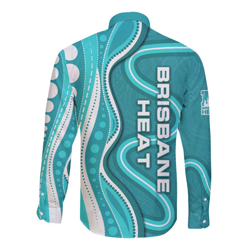 Brisbane Heat Long Sleeve Button Shirt Aboriginal Dot Art Cyan White - Tribal Wave Pattern