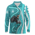 Brisbane Heat Long Sleeve Polo Shirt Aboriginal Dot Art Cyan White - Tribal Wave Pattern