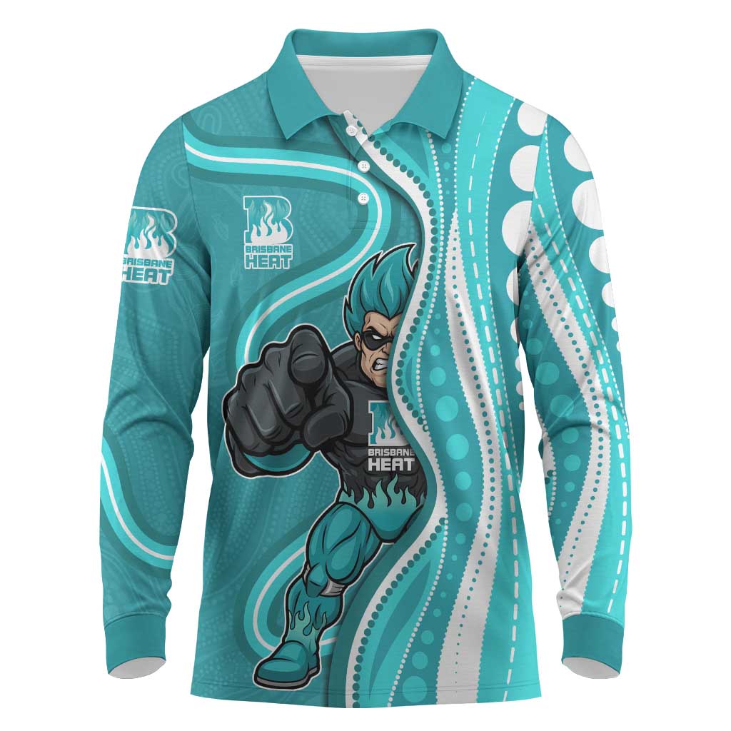 Brisbane Heat Long Sleeve Polo Shirt Aboriginal Dot Art Cyan White - Tribal Wave Pattern