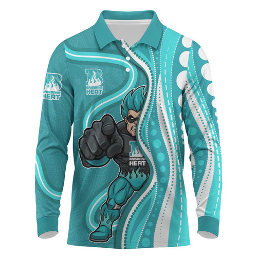 Brisbane Heat Long Sleeve Polo Shirt Aboriginal Dot Art Cyan White - Tribal Wave Pattern